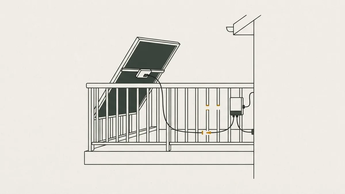 Balkon mit zwei Solarmodulen bei Sonnenschein; der Wechselrichter zeigt keine Leistung an, die Wohnung dahinter ist dunkel