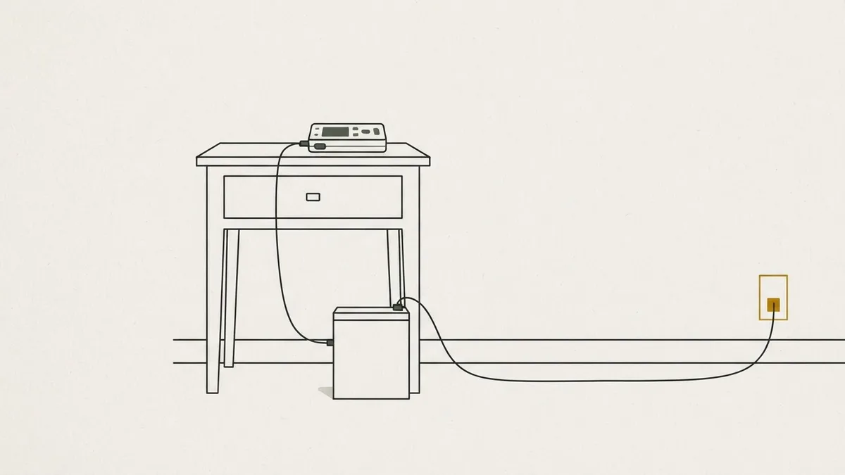 Ein medizinisches Gerät auf dem Nachttisch, per Kabel an eine Powerstation angeschlossen; die Leitung zur Wandsteckdose ist unterbrochen